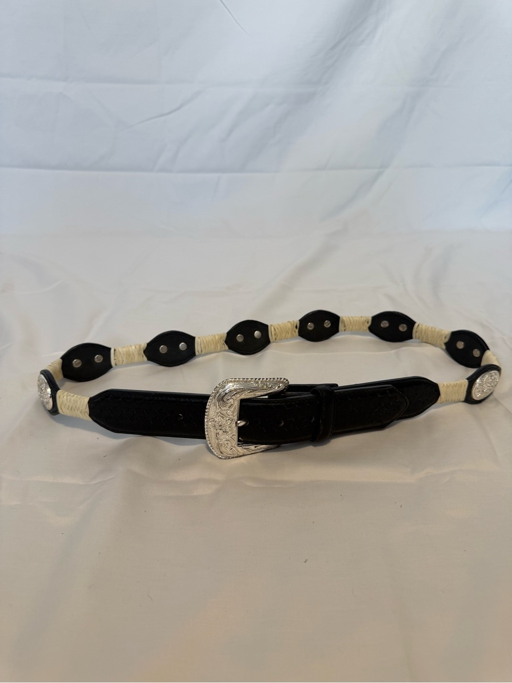 Vintage 3-D Belt Co Genuine Leather Western Concho Belt Black Ivory Size 38